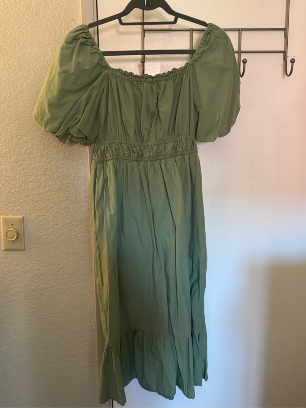 Olive Green Puff-Sleeve Midi Dress — Women